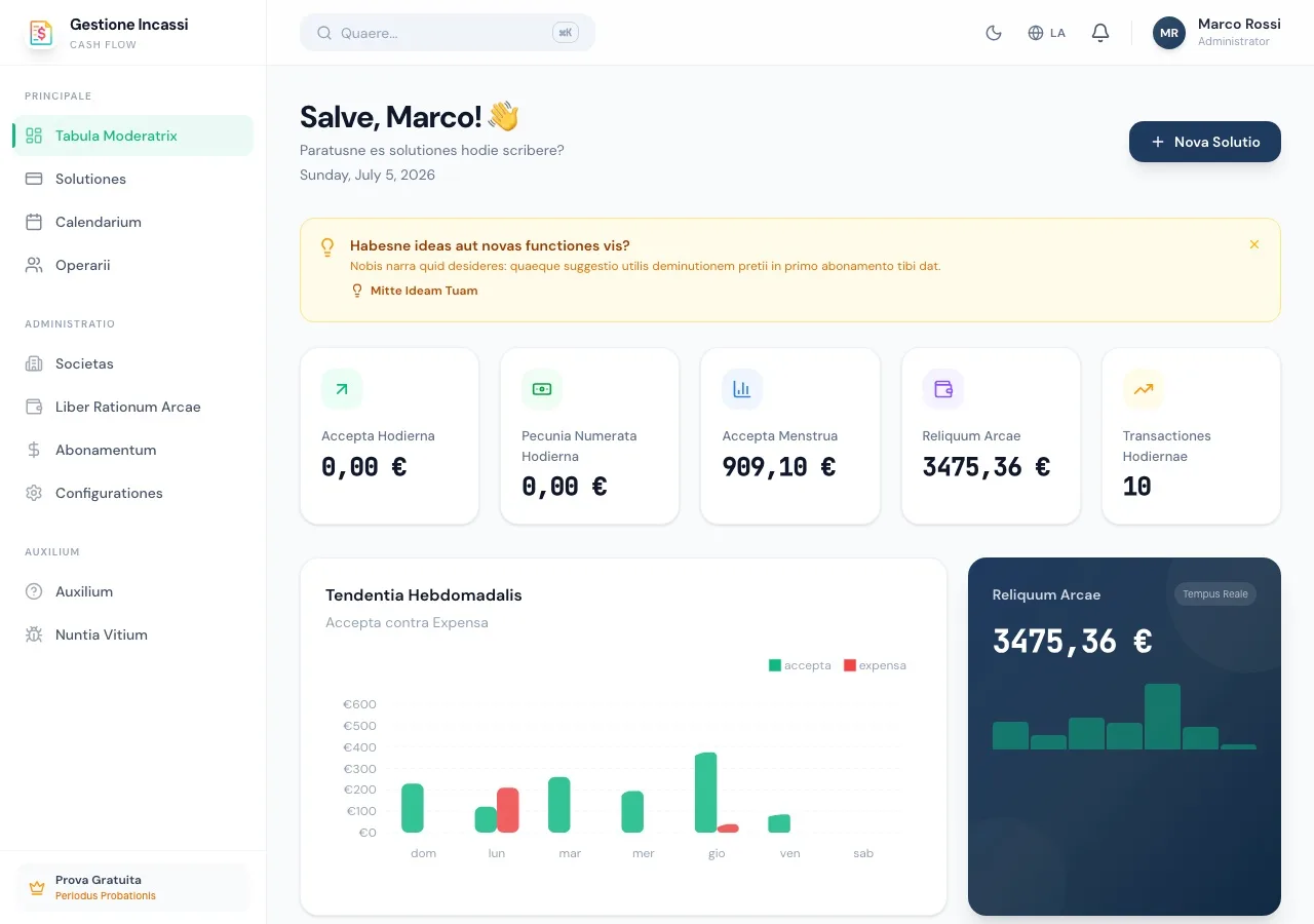 Tabula administrationis Gestione Incassi cum statisticis diurnis et cursu hebdomadali