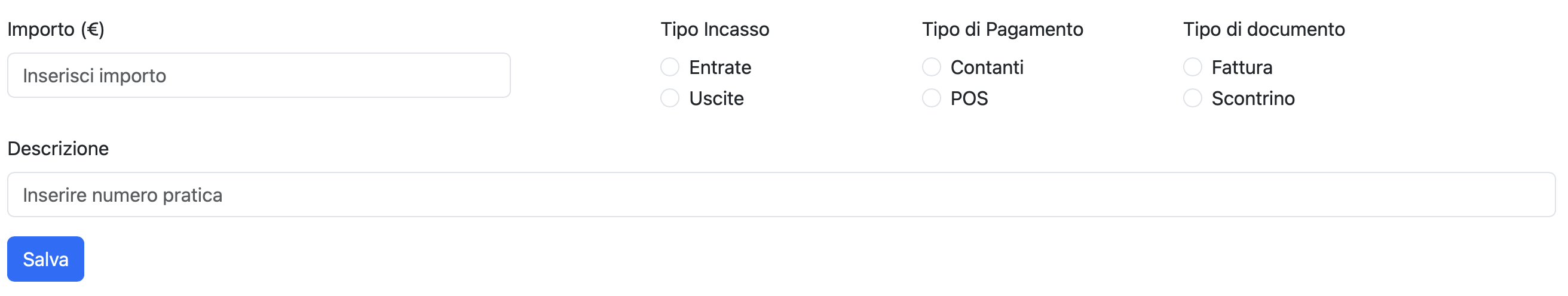 Form Inserimento Gestione Incassi